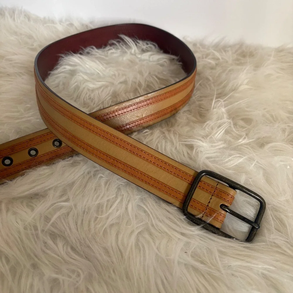 Linea‎ Pelle 230800 Tan Brown Striped Leather Belt Size 34 Antique Brass Buckle